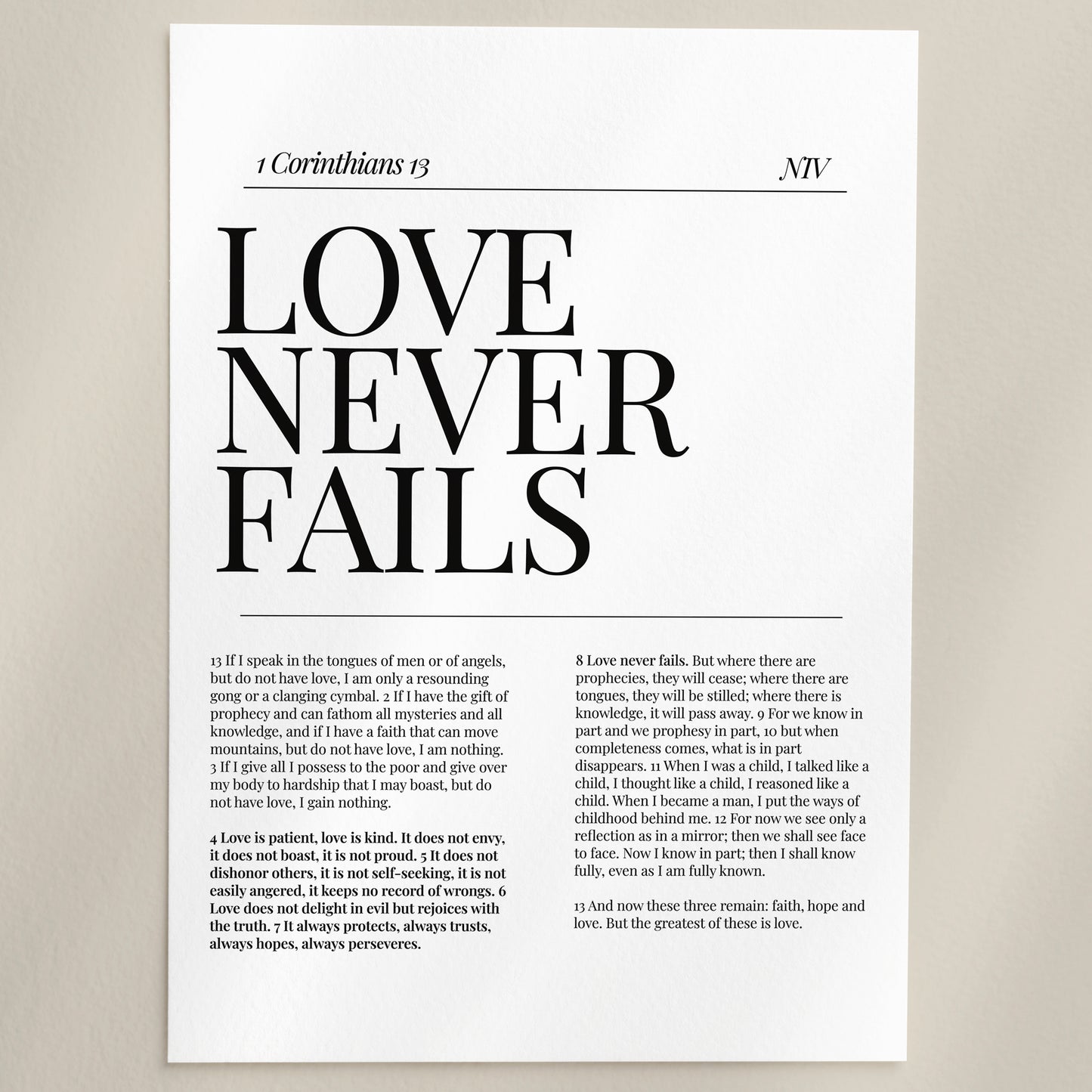 Love Never Fails Minimalist Christian Wall Art